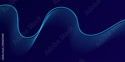 Futuristic abstract background with glowing neon blue flowing wave lines on a dark navy background, creating a dynamic and modern digital design.