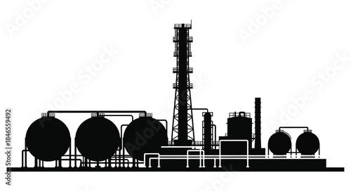 Industrial complex with storage tanks and a distillation column depicted as a striking silhouette