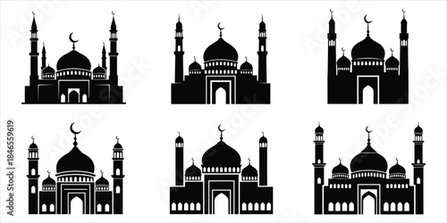 Collection of six black silhouette mosque designs