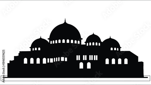 A striking black silhouette of a grand mosque with multiple domes and detailed architecture silhouette
