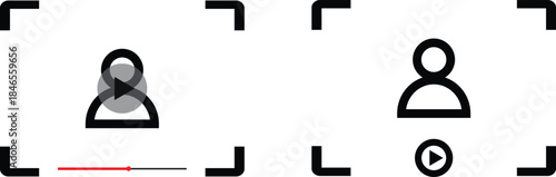 Video recording player interface with user profile and focus frame icons. Camera focus or view finder frame. Video playback and a recording progress bar. Live streaming, avatar and play button.