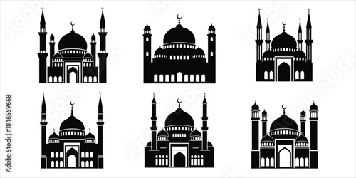 Six black silhouette illustrations of mosque architecture