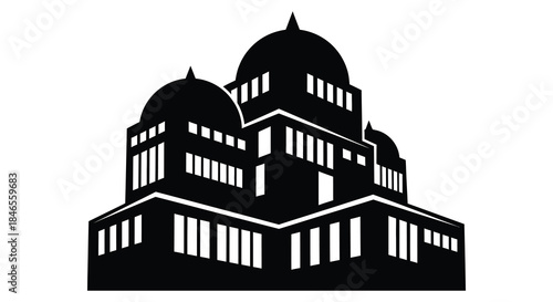 Detailed depiction of an ornate building structure with multiple domes and windows silhouette