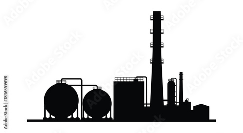 Industrial complex with tanks and smokestacks against a white background a stark silhouette