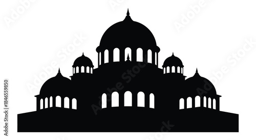 a striking black silhouette of a grand architectural structure with multiple domes and arches silhouette
