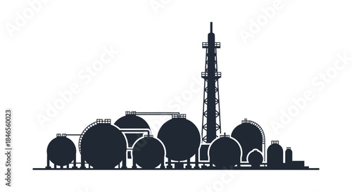 A striking black silhouette of an industrial complex featuring tanks and a tall tower silhouette