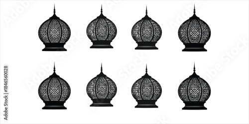 Eight black lantern silhouettes on white background