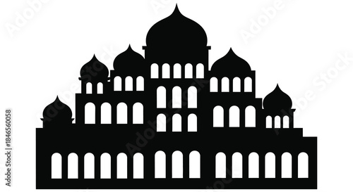 A striking black silhouette of an ornate indian palace with detailed architectural features silhouette