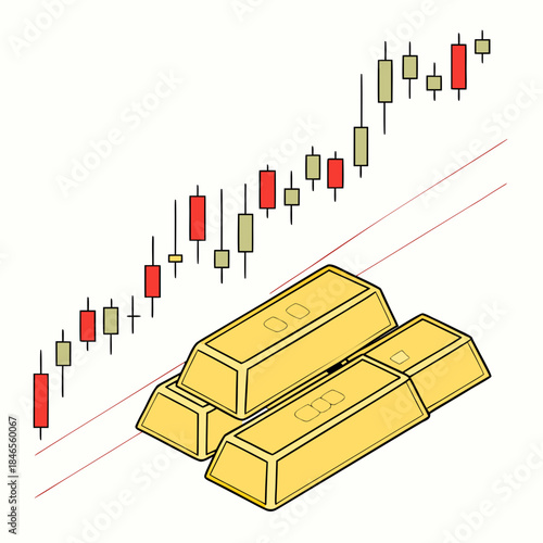 Gold bars with candlestick chart on white background
