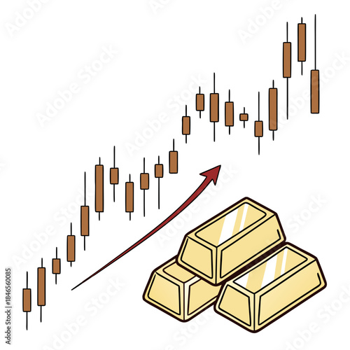 Gold bars with rising candlestick chart and red arrow