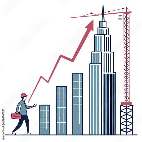 Graph bars transforming into skyscraper with crane and businessman