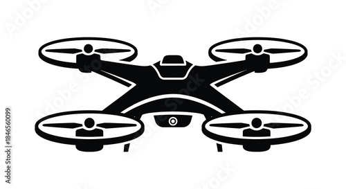 A striking black and white depiction of a modern quadcopter drone in a simple silhouette