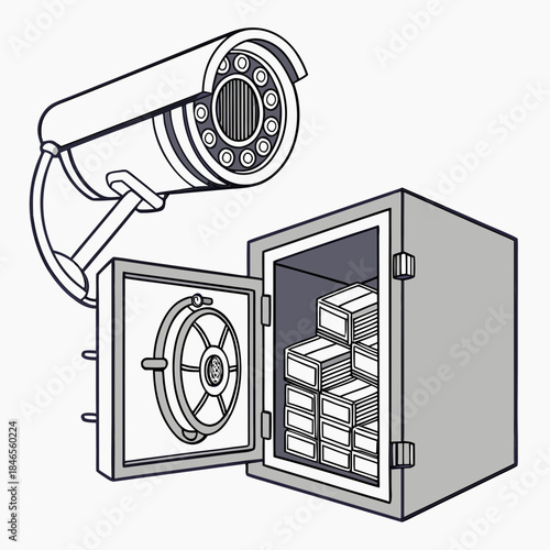 Cctv camera monitoring open bank vault with stacks of money 1