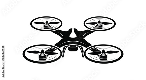 A striking black and white image depicting a four rotor drone in a flat style silhouette