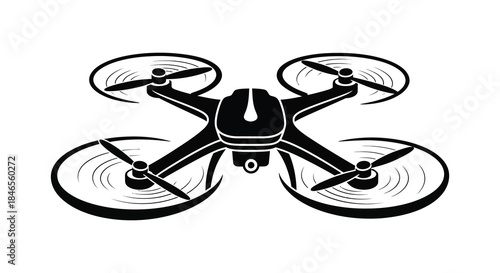 A striking black and white illustration of a modern quadcopter drone in a bold silhouette