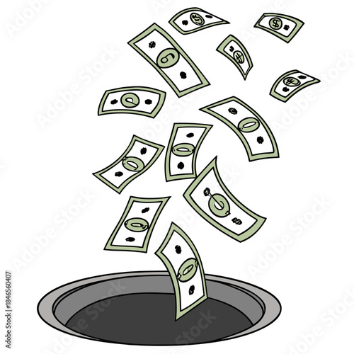 Cartoon money bills falling into empty hole dollars