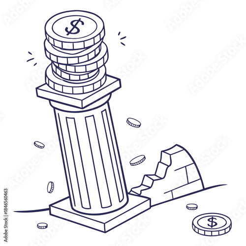 Stack of coins on edge of crumbling pillar white background