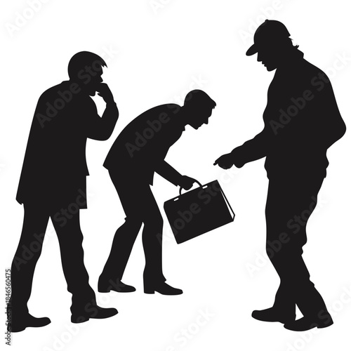 Three men in black silhouettes exchanging briefcase in secret