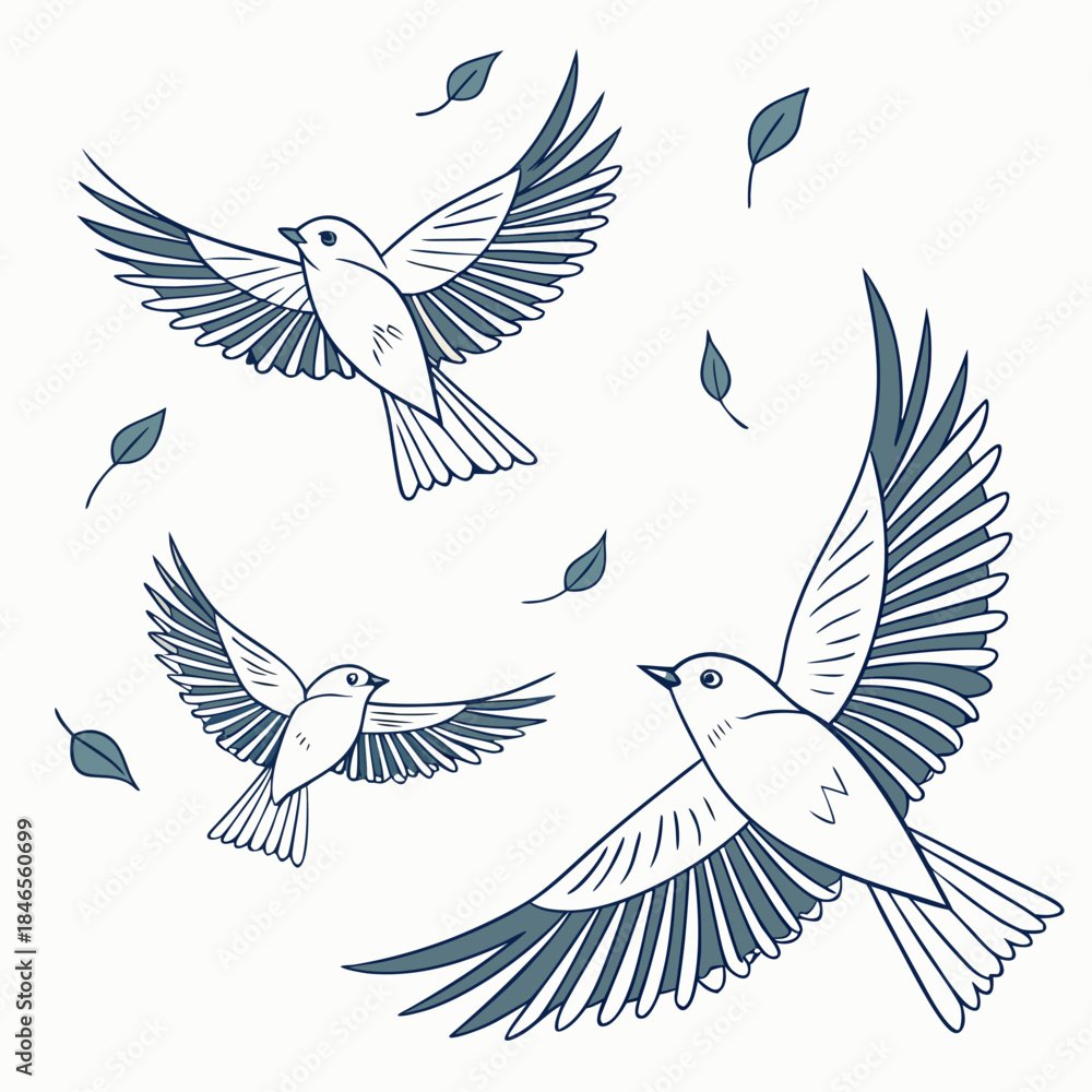 Obraz premium Birds flying in mixed directions with leaves flying birds
