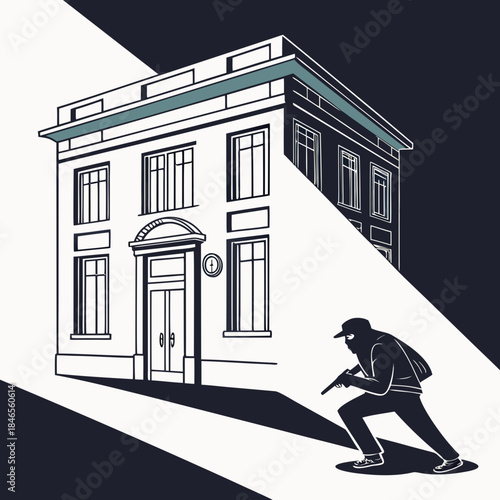 Bank building shadow forming thief silhouette white background