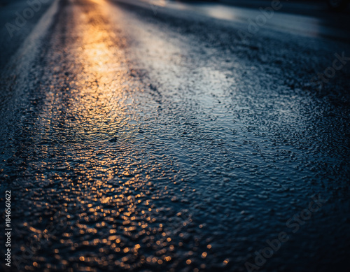 Wet Road Surface Reflecting Golden Bokeh Light. Dark and Moody Abstract Asphalt Texture at Sunset or Twilight.