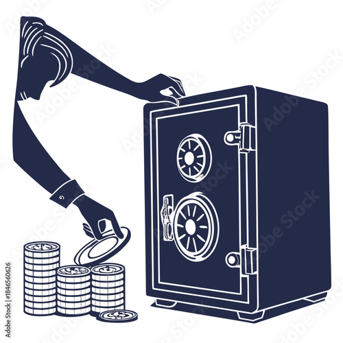 Shadowed hands grabbing coins from safe vault stealing