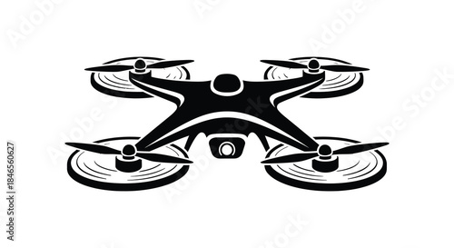 A detailed black and white graphic representation of a modern quadcopter drone silhouette