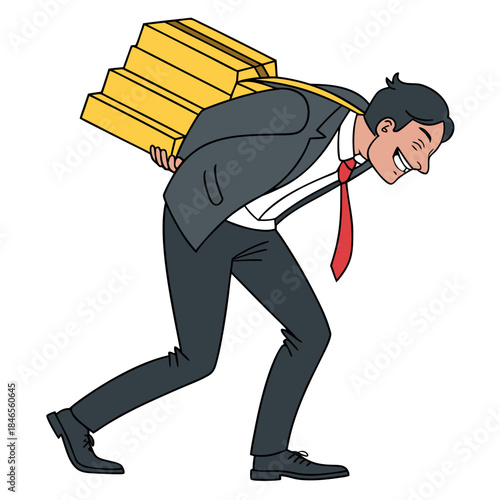 Businessman in suit smiling while carrying gold bars on back