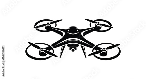A detailed illustration of a modern quadcopter drone design with rotating propellers silhouette