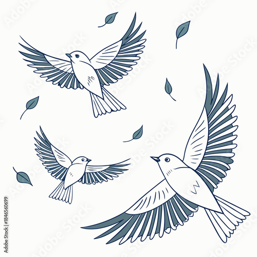 Birds flying in mixed directions with leaves flying birds