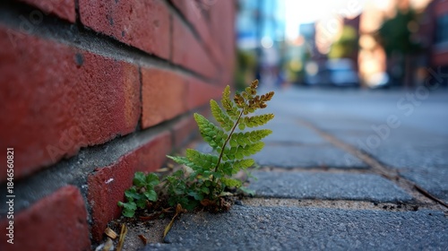 Fototapeta Naklejka Na Ścianę i Meble -  A small fern grows resiliently between bricks on a city sidewalk, showcasing nature's persistence in urban environments.