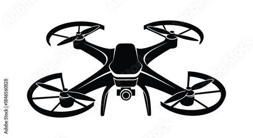 A detailed black and white illustration of a modern quadcopter drone showing its design silhouette