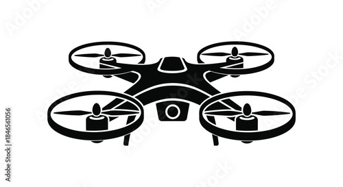 A detailed black and white illustration of a modern quadcopter drone in a striking silhouette