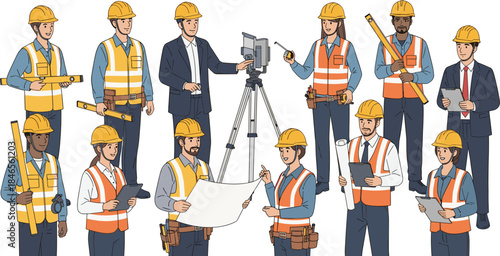 Collaborative Construction Team at Work Engineers, Architects, Surveyors, and Managers Coordinating Infrastructure Project with Tools, Safety Gear, and Blueprints