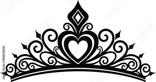 Elegant Tiara Silhouette with Heart and Diamond Motif Featuring Ornate Swirls and Regal Symmetry for Royal or Ceremonial Themes