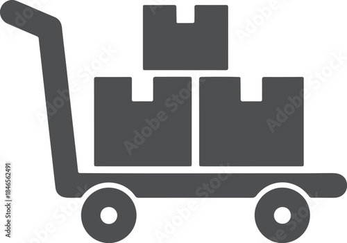 Dark gray silhouette of a hand truck carrying three stacked cardboard boxes on a white background