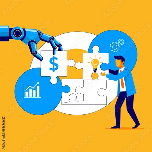 Businessman and robot working together with puzzle pieces and business icons on orange background