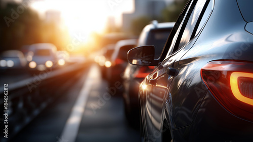 Cars stuck in traffic jam, vehicular congestion, road gridlock, rush hour standstill, transportation delay, multiple vehicles queued, highway backup visualization, with copy space