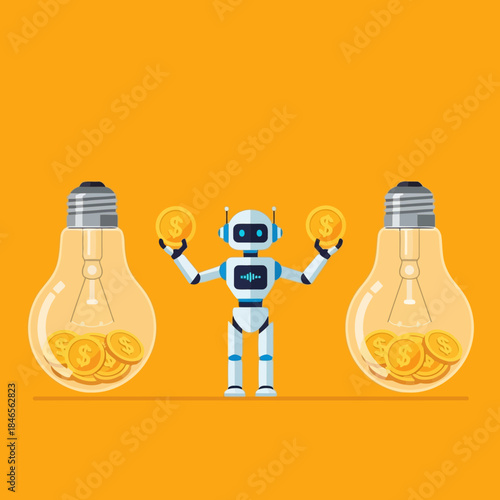 Robot holding light bulbs with coins inside on orange background