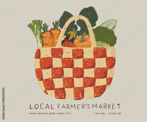 Local vegetable market artwork for t shirt print, poster, sticker and other uses. Organic vegetables bag. Fresh vegan food. Vegetable love club. Vegetable set design.
