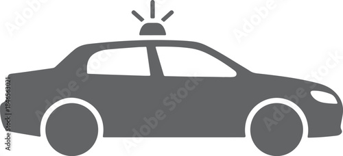 Simple dark gray silhouette of a police car with flashing lights on its roof on a white background Keywords