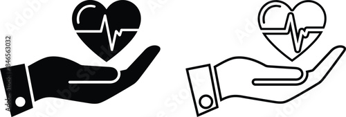 Hand holding heart rate with pulse line icon set. Solid glyph and outline vector illustration. Hand supporting a heart with an ECG pulse line. Cardiology, insurance, charity, healthcare.