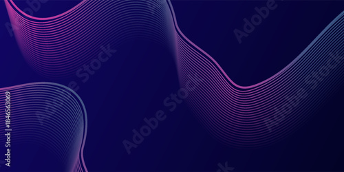 Futuristic abstract wave lines with gradient colors forming dynamic curves on a deep blue background, suitable for technology, presentation, and creative design.