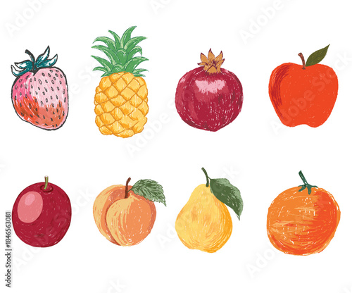Fresh Strawberry, pineapple, pomegranate fruit, passion fruit, apple, peach fruit, pear fruit and orange fruit set. Fruit artwork for for t shirt and poster.