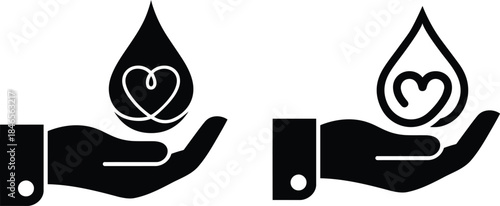 Hand holding medicine water or liquid drop with heart icon. Charity, love, purity, and vitality symbol. Save water and blood donation icon. Heart, charitable giving and emotional support logo.