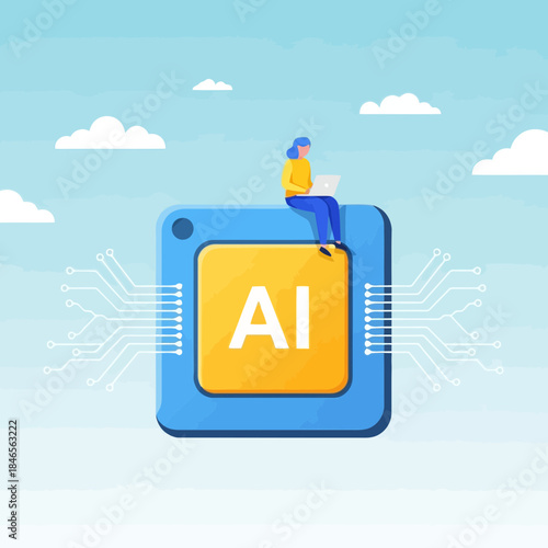 A person sitting on a computer chip with the letters ai, representing artificial intelligence, with a cloudy sky background