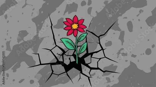 A resilient red flower with green leaves emerges and grows through a cracked concrete surface, symbolizing hope and new beginnings