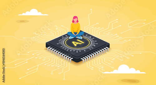 A cartoon character sitting on a computer chip with a yellow background and clouds, representing technology and innovation