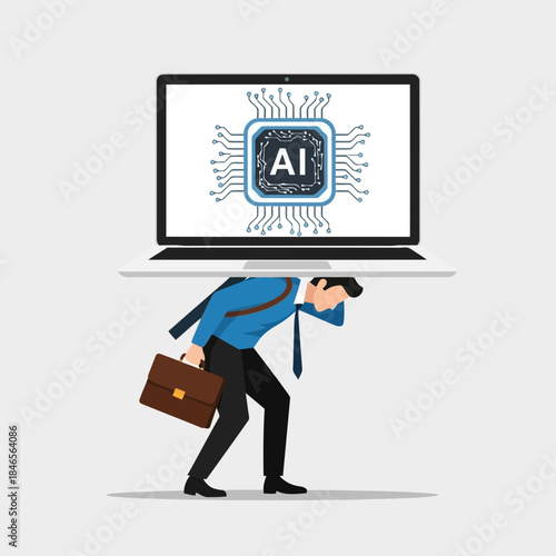 Businessman looking at laptop with artificial intelligence symbol, feeling overwhelmed by technology