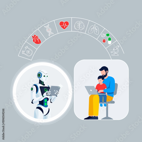 Robot and human with child using digital tablet, concept of artificial intelligence and family technology